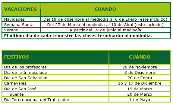 Vacaciones y festivos del curso escolar 2014-15