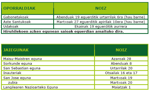 2014-15 ikasturteko oporrak eta jaiegunak